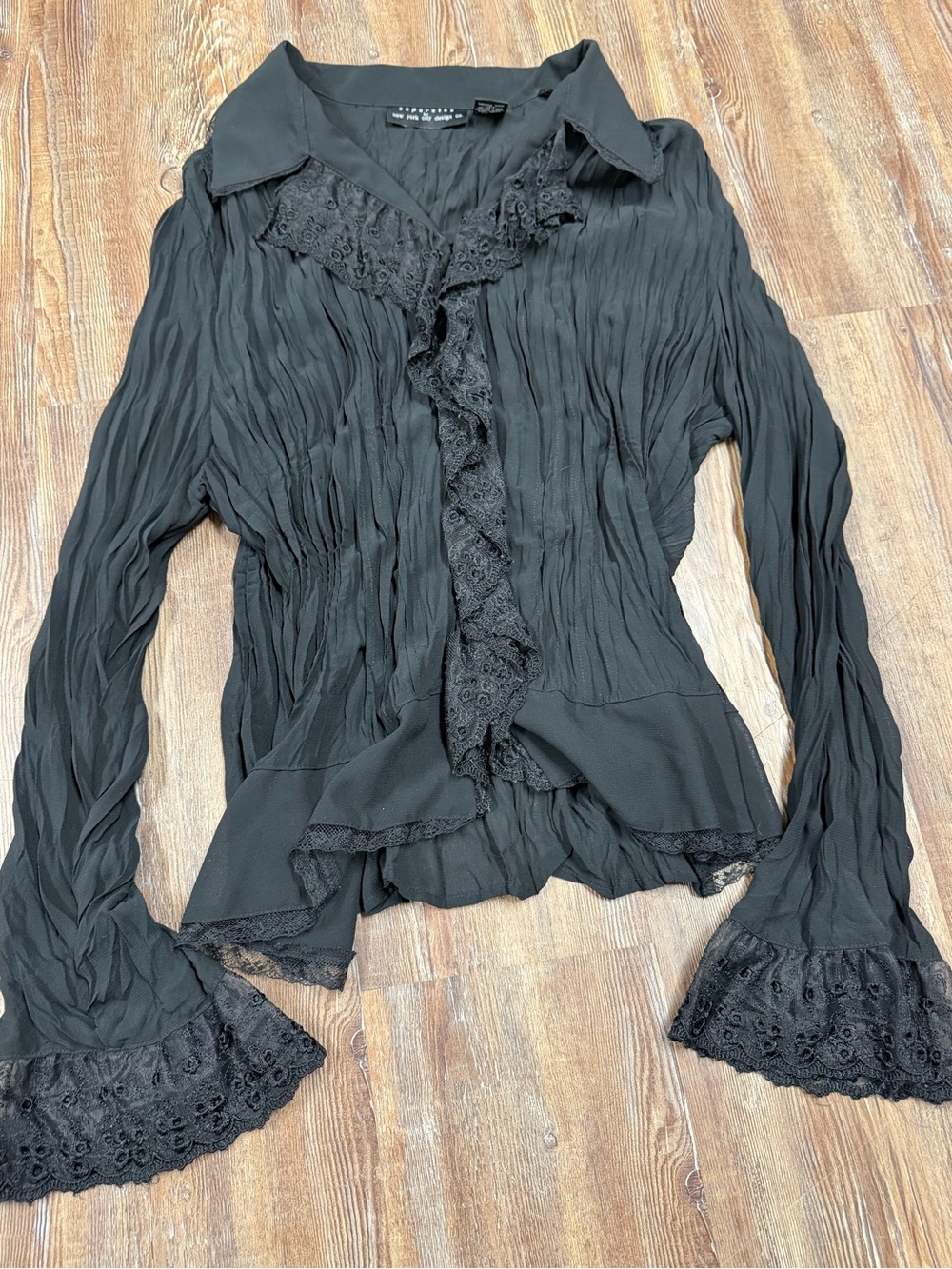 Vintage Black whimsy goth blouse with lace trim, bell sleeves and ruffles, size